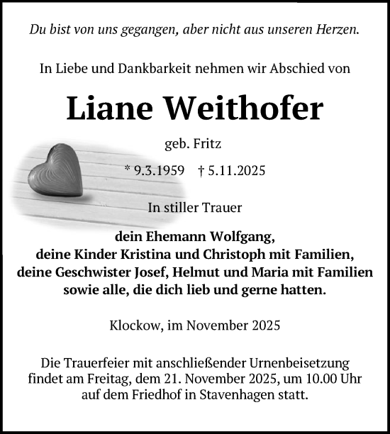 Traueranzeige von Liane Weithofer von Nordkurier Mecklenburger Schweiz