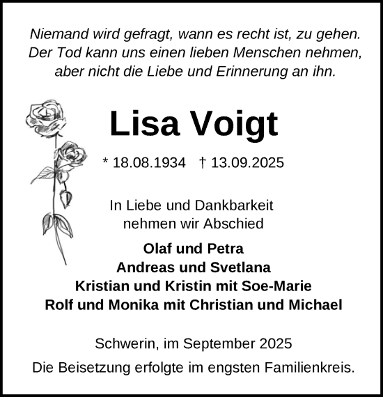 Traueranzeige von Lisa Voigt von Zeitung für die Landeshauptstadt