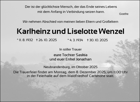 Traueranzeige von Liselotte Wenzel von Nordkurier Neubrandenburger Zeitung