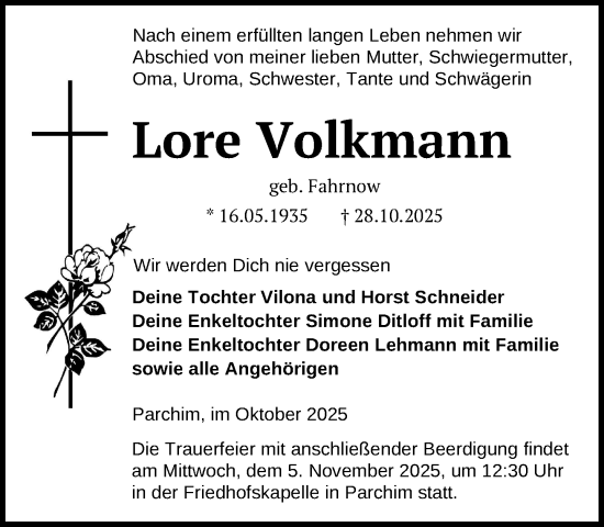 Traueranzeige von Lore Volkmann von Parchim und Lübz