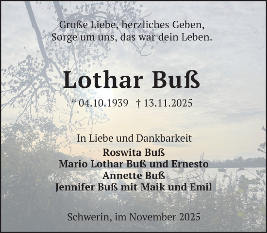 Traueranzeige von Lothar Buß von Zeitung für die Landeshauptstadt