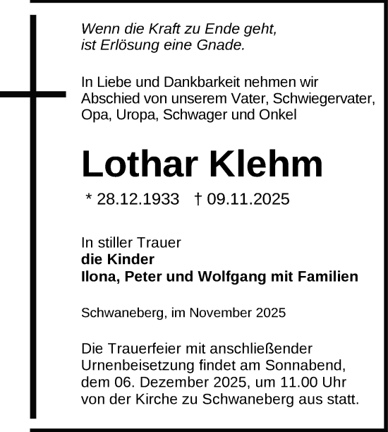 Traueranzeige von Lothar Klehm von Uckermark Kurier Prenzlauer Zeitung