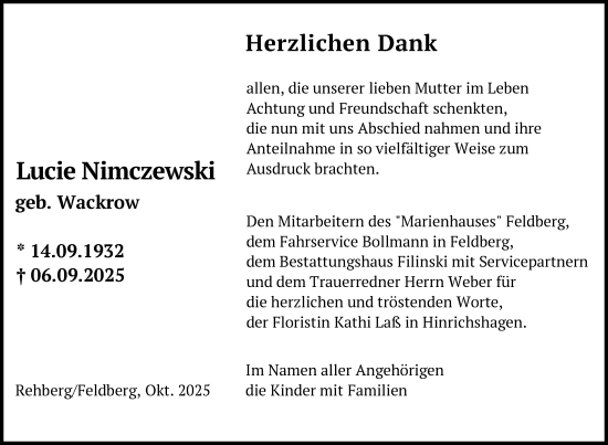 Traueranzeige von Lucie Nimczewski von Nordkurier Strelitzer Zeitung