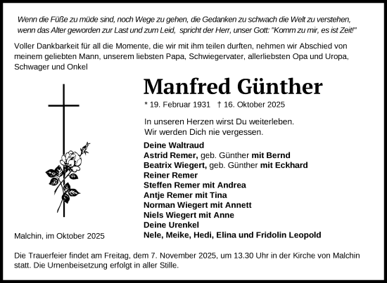 Traueranzeige von Manfred Günther von Nordkurier Mecklenburger Schweiz