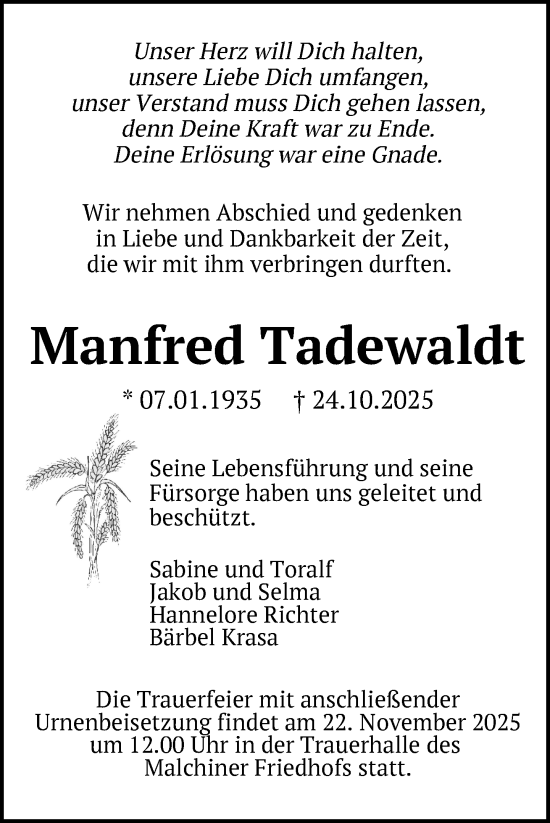 Traueranzeige von Manfred Tadewaldt von Nordkurier Mecklenburger Schweiz