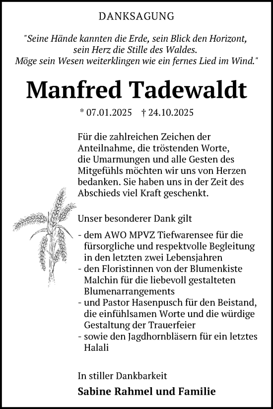 Traueranzeige von Manfred Tadewaldt von Nordkurier Mecklenburger Schweiz
