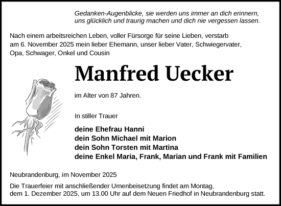 Traueranzeige von Manfred Uecker von Nordkurier Neubrandenburger Zeitung