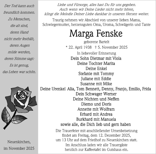 Traueranzeige von Marga Fenske von Nordkurier Vorpommern Kurier