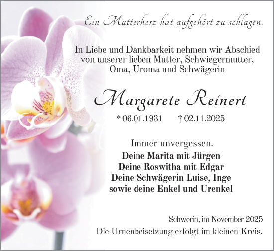 Traueranzeige von Margarete Reinert von Zeitung für die Landeshauptstadt