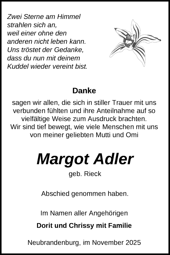 Traueranzeige von Margot Adler von Nordkurier Neubrandenburger Zeitung