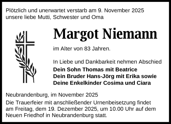 Traueranzeige von Margot Niemann von Nordkurier Neubrandenburger Zeitung