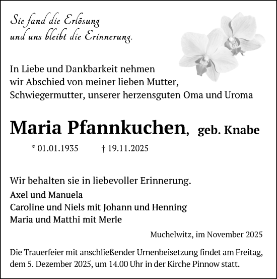 Traueranzeige von Maria Pfannkuchen von Zeitung für die Landeshauptstadt