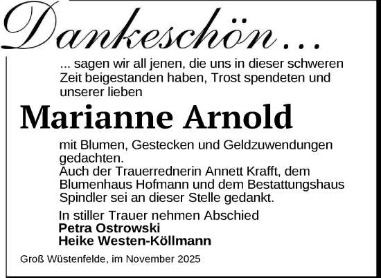 Traueranzeige von Marianne Arnold von Nordkurier Mecklenburger Schweiz