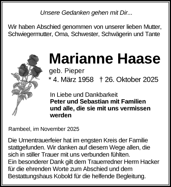 Traueranzeige von Marianne Haase von Gadebusch - Rehnaer Zeitung