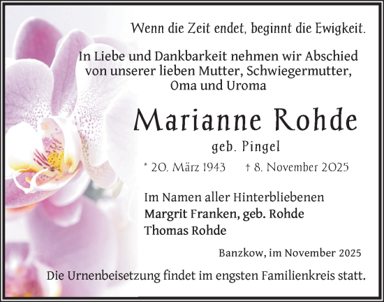Traueranzeige von Marianne Rohde von Zeitung für die Landeshauptstadt