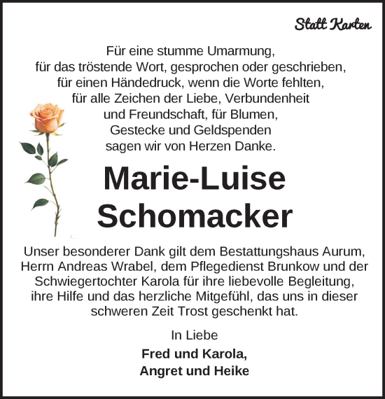 Traueranzeige von Marie-Luise Schomacker von Zeitung für die Landeshauptstadt