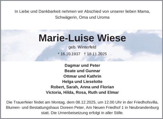 Traueranzeige von Marie-Luise Wiese von Nordkurier Neubrandenburger Zeitung