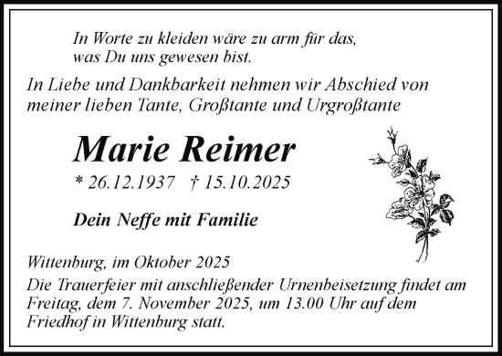 Traueranzeige von Marie Reimer von Hagenower Kreisblatt