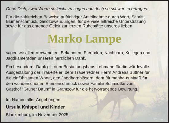 Traueranzeige von Marko Lampe von Uckermark Kurier Prenzlauer Zeitung