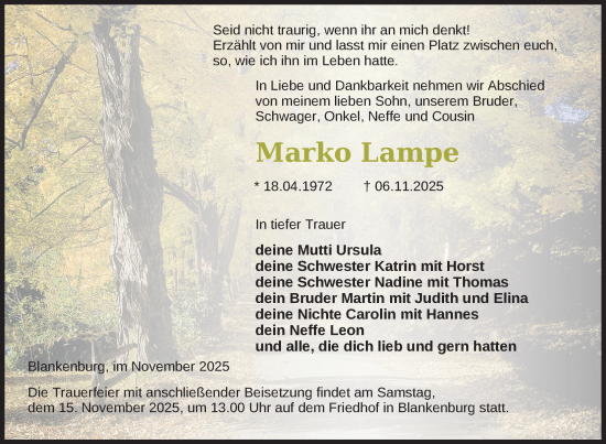 Traueranzeige von Marko Lampe von Uckermark Kurier Prenzlauer Zeitung