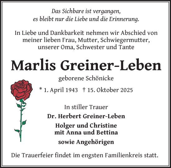 Traueranzeige von Marlis Greiner-Leben von Zeitung für die Landeshauptstadt