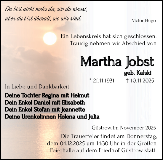 Traueranzeige von Martha Jobst von Güstrow und Bützow