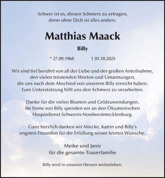 Traueranzeige von Matthias Maack von Gadebusch - Rehnaer Zeitung