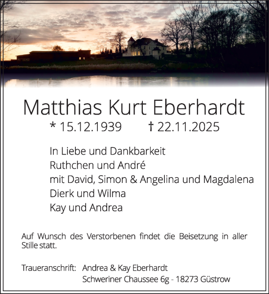 Traueranzeige von Matthias Kurt Eberhardt von Güstrow und Bützow