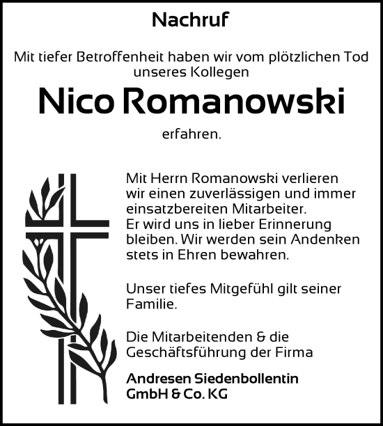 Traueranzeige von Nico Romanowski von Nordkurier Neubrandenburger Zeitung