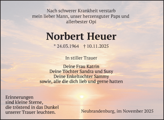 Traueranzeige von Norbert Heuer von Nordkurier Neubrandenburger Zeitung