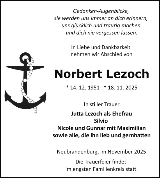 Traueranzeige von Norbert Lezoch von Nordkurier Neubrandenburger Zeitung