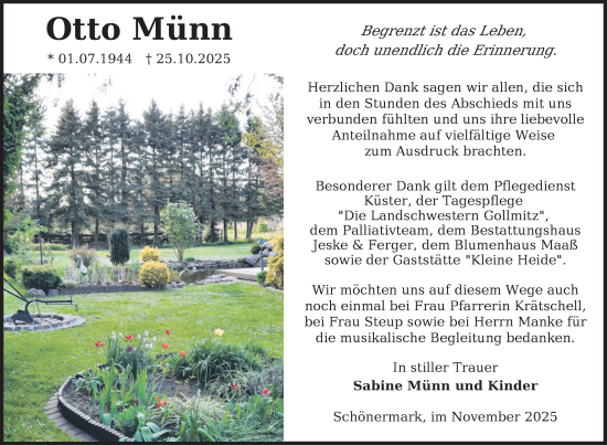Traueranzeige von Otto Münn von Uckermark Kurier Prenzlauer Zeitung