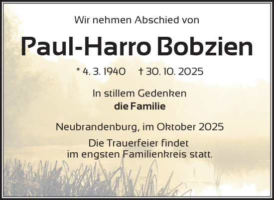 Traueranzeige von Paul-Harro Bobzien von Nordkurier Neubrandenburger Zeitung