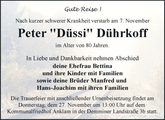 Traueranzeige von Peter Dührkoff von Nordkurier Vorpommern Kurier