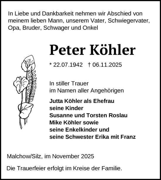 Traueranzeige von Peter Köhler von Nordkurier Müritz-Zeitung