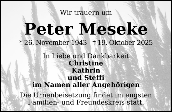 Traueranzeige von Peter Meseke von Zeitung für die Landeshauptstadt