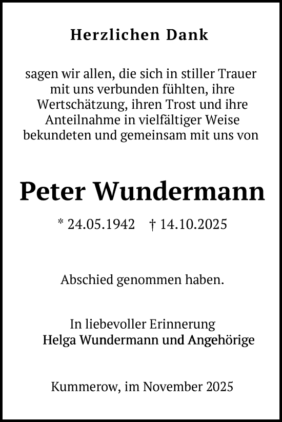 Traueranzeige von Peter Wundermann von Nordkurier Mecklenburger Schweiz