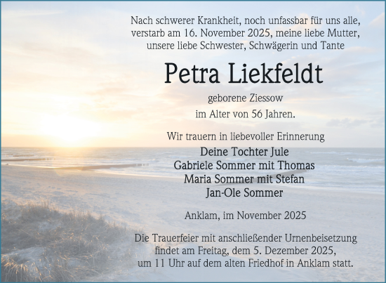 Traueranzeige von Petra Liekfeldt von Nordkurier Vorpommern Kurier