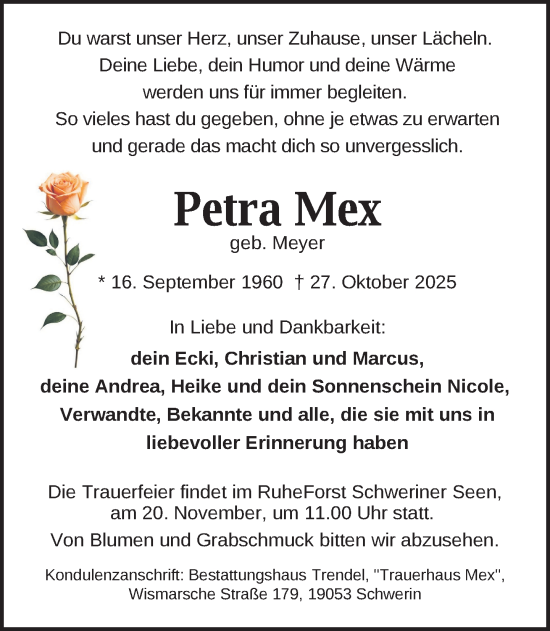 Traueranzeige von Petra Mex von Zeitung für die Landeshauptstadt