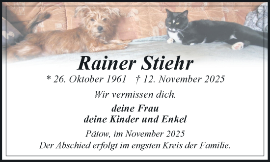 Traueranzeige von Rainer Stiehr von Hagenower Kreisblatt