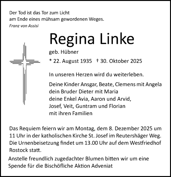 Traueranzeige von Regina Linke von Norddeutsche Neueste Nachrichten
