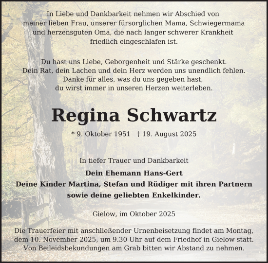 Traueranzeige von Regina Schwartz von Nordkurier Mecklenburger Schweiz
