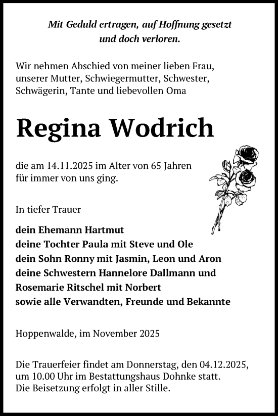 Traueranzeige von Regina Wodrich von Nordkurier Haff-Zeitung