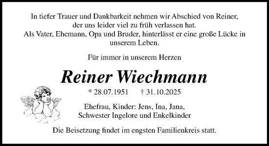Traueranzeige von Reiner Wiechmann von Norddeutsche Neueste Nachrichten