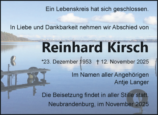 Traueranzeige von Reinhard Kirsch von Nordkurier Neubrandenburger Zeitung