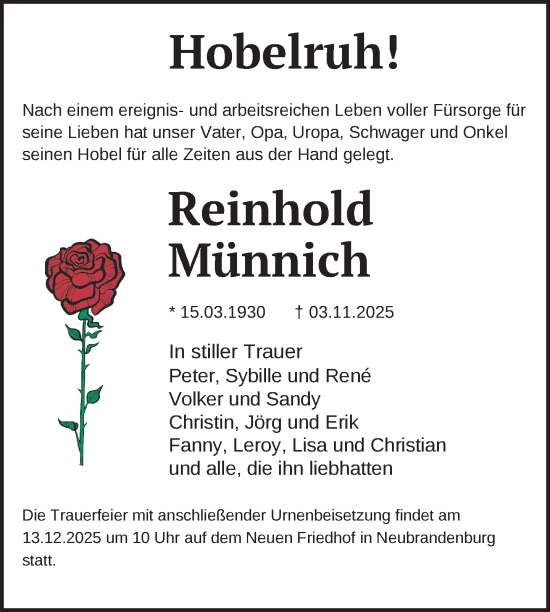 Traueranzeige von Reinhold Münnich von Nordkurier Neubrandenburger Zeitung