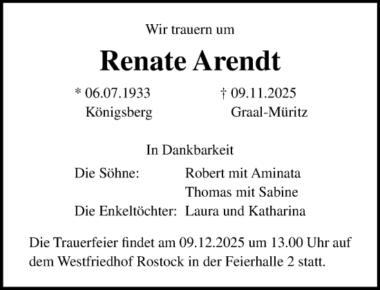 Traueranzeige von Renate Arendt von Norddeutsche Neueste Nachrichten