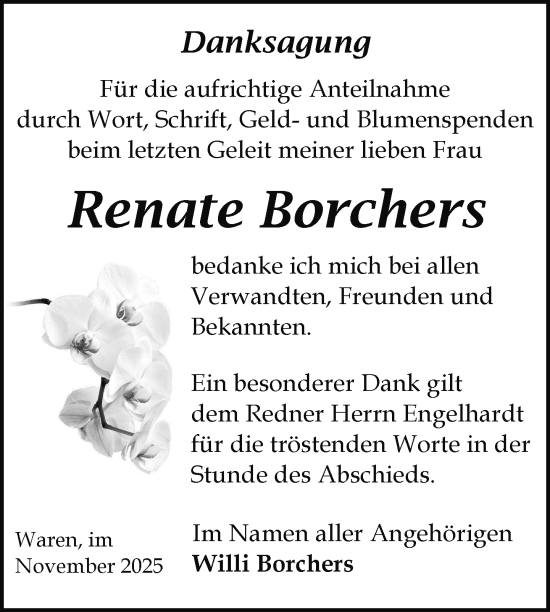 Traueranzeige von Renate Borchers von Nordkurier Müritz-Zeitung