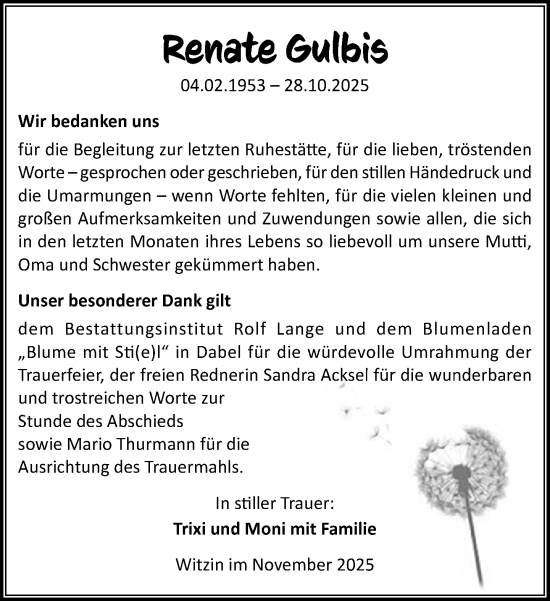 Traueranzeige von Renate Gulbis von Anzeiger für Sternberg - Brüel - Warin