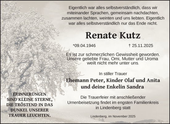 Traueranzeige von Renate Kutz von Nordkurier Demminer Zeitung